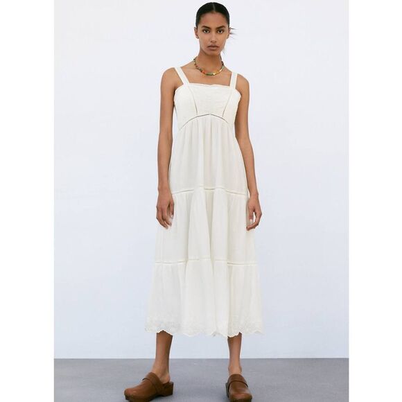 ZARA PINTUCK MIDI DRESS ECRU NEW - Picture 1 of 9